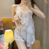 2025 Bộ đồ ngủ sexy mới bằng lụa băng, quần short dây đeo, bộ hai mảnh, đồ mặc nhà in hình ngọt ngào, bộ cổ chữ V cho phụ nữ 2025.2.20