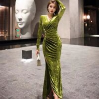 2025 Đầm dạ hội cao cấp cho phụ nữ, đầm nhung thanh lịch mới cho mùa thu đông, thiết kế cổ V phong cách, ôm sát eo, ôm sát cơ thể.