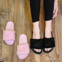 2025 Dép nhung phong cách người nổi tiếng cho phụ nữ, dép phẳng ngoài trời mùa thu và đông, dép lông thời trang trong nhà mát mẻ