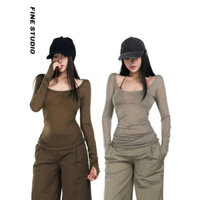 2025 Hơi Trong Suốt Lớn Cổ Chữ U Đáy Áo Sơ Mi Gợi Cảm Slim-fit Ôm Hơn Nhìn Top Mùa Xuân Phù Hợp Với Lâu Dài-