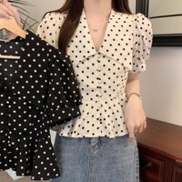 2025 Kích Thước Lớn Mùa Hè Phong Cách Mới Cổ Búp Bê Chấm Bi Tay Áo Hơi Béo MM Mỏng Hơn Nhìn Phù Hợp Với Áo Sơ Mi Tay Ngắn Nữ
