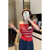 2025 Kiểu dáng mới ngọt ngào và cay nồng, áo thun ngắn tay ôm sát, màu sắc khối, sọc, trễ vai cho phụ nữ