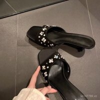 2025 Mùa Hè Dép Sandal Mũi Vuông Đính Đá Cho Nữ, Gót Cao Mỏng, Dép Phong Cách Pháp Thanh Lịch PX4U