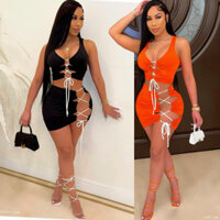 2025 Mùa hè phong cách châu Âu và Mỹ, bộ hai mảnh dây rút màu cam/đen, đầm tank cổ V, đầm bodycon ôm sát