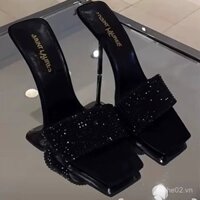 2025 Mùa Hè Phong Cách Mới Yangshulin Giày Sandal Mũi Vuông Màu Đen Dây Đính Kim Cương Giả Gót Mỏng Giày Cao Gót Dành Cho Phụ Nữ