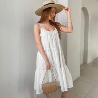 2025 Nguyên Chất Cotton Thời Trang Mềm Mại Phong Cách Pháp Sling Dài Váy Ngủ Rời Màu Trơn Có Thể Mặc Bên Ngoài Loungewear Nữ