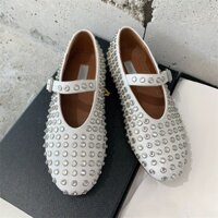 2025 Phiên bản cao cấp mới Giày Mary Jane đế bằng da thật mũi tròn đính đá cho nữ Giày múa ballet thoải mái