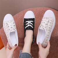 2025 Phong Cách Chanel Giày Nữ ins Hợp Thời Trang Sinh Viên Thể Thao Đế Bằng Giày Vải Nữ Lười Giày Trắng
