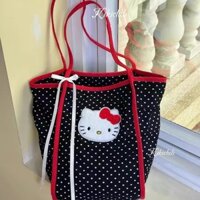 2025 Phong Cách Mới Đen Trắng Chấm Bi Túi Vải Dung Tích Lớn Đi Lại hellokitty Túi Tote Di Động Túi Đeo Vai