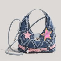 2025 Phong Cách Mới Hot Girl Hồng Ngôi Sao Năm Cánh Thiết Kế Miếng Dán Frayed Denim Túi Đeo Ngang