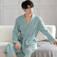 2025 Phong Cách Mới Nam Cotton Nguyên Chất Váy Ngủ Nam Áo choàng Tắm Dài Tay Xuân Thu Áo choàng Cotton Đơn Giản Giữa Chiều Dài Phong Cách