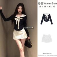 2025 Phong Cách Mới Ngọt Ngào Phong Cách Cay Nơ Phối Ren Áo Thun Nữ Thu Đông Cao Cấp Chấm Bi Hông Váy Ôm-Fit Dài Tay