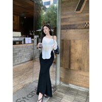 2025 Phong Cách Mới Pháp Lười Phong Cách Hơi Trong Suốt Chống Nắng Chia Áo Thun Dài Tay + Xếp Ly Chia Đuôi Cá Váy Phù Hợp Với Nữ Mùa Hè 2025