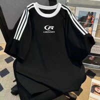 2025 Phong Cách Mới Phong Cách Mỹ In Chữ Ba Thanh Cotton Nguyên Chất Tay Ngắn Top Mùa Hè Phù Hợp Với Nam Cổ Tròn Nặng Đáy Áo Sơ Mi20250304