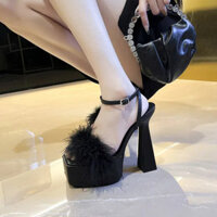 2025 Phong Cách Mới Thời Trang Lông Vũ Dày Gót Khóa Dây Đeo Giày Nữ Mũi Mở 41 Size 14cm Giày Sandal Cao Gót