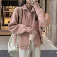 2025 Phong Cách Mới Xuân Thu Ve Áo Cổ Cao Đôi Dây Kéo Áo Len Áo Khoác Nữ Dày Phong Cách Hàn Quốc Áo Khoác Dệt Kim Cardigan