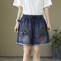 2025 Quần short nữ thời trang phong cách màu xanh mới, quần jeans harem cotton rộng rãi cho phụ nữ