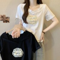 2025 Sản Phẩm Mới Phong Cách Trung Hoa Mới Phong Cách Trung Hoa Thêu Nút Thiết Kế Cảm Giác Plus Size Quần Áo Nữ Béo MM Thời Trang Cổ Vuông Màu Trơn Áo Thun Đen Tay Ngắn20250213