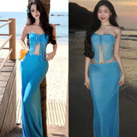 217 - Set áo quây + chân váy voan đi biển Boho quyến rũ