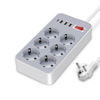 220V 10A 2200W Power Strip 1.2m Extension Cable Adapter with 6 EU Plug 3 USB Port Type-C for Phone Tablet Computer Europ