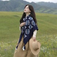 [2214 Bộ sưu tập người] Khăn choàng tam giác màu xanh hải quân Khăn choàng nữ phong cách dân tộc Áo choàng Tân Cương Tây Tạng Hải quân Biển xanh Đại Tây Bắc Du lịch Ảnh Mặc CC20250401