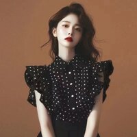 2223 Người Bộ Sưu Tập Pháp Đen Chấm Bi Áo Sơ Mi Voan Không Tay Nữ Năm nay Đẹp Phổ Biến Áo Sơ Mi Nhỏ Siêu Cổ Tích Bay Tay Top250305