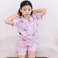 [22kg-32kg] Đồ bộ pyjama vải cotton mềm mịn size mẹ và bé màu hồng chú voi