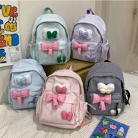 [22x28cm - MINI size] Balo vải dù họa tiết caro, đính huy hiệu bông nơ sao nổi, phụ kiện xinh có sẵn Đà Nẵng.