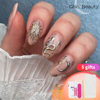 [24 miếng] Kim loại Star Moon Totem Móng tay giả đơn giản, miếng dán móng tay