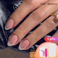 [24 miếng] Miếng dán móng tay viền trắng cổ điển và đơn giản, móng tay ngắn, móng tay giả