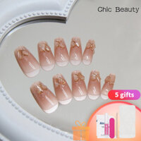 24 miếng móng tay giả gradient màu hồng, móng tay giả kim cương champagne, móng tay ballet vừa, móng tay có thể tháo rời 24 miếng