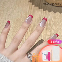24 miếng móng tay giả mắt mèo màu đỏ phong cách Pháp, móng tay nghệ thuật có thể tháo rời, nhãn dán móng tay lấp lánh đơn giản 24 miếng