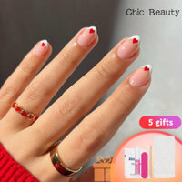 [24 miếng] Móng tay mặc màu trắng kiểu Pháp đơn giản, móng tay ngày lễ tình nhân tối giản Màu Đỏ tình yêu, móng tay giả, miếng dán móng tay
