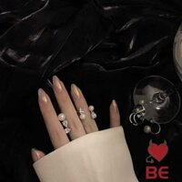 24 móng tay giả dài nhọn màu ombre ngọc trai hồng mặt bóng bằng acrylic