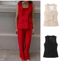 24 Mùa Thu Phong Cách Mới Cổ Vuông Không Tay Áo Cardigan Đôi + Quần Thẳng Đi Làm8010600 8011600