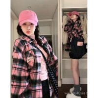 [2450 lượt mua lại] Áo Sơ Mi Dài Tay Kẻ Caro màu tương phản hiphop áo khoác dễ phối phong cách lười oversize rộng rãi cho nữ sành điệu