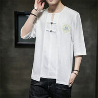 24A13C1 Áo thun ngắn tay nam Tang Suit phong cách Trung Quốc xu hướng mùa hè retro cotton thêu áo sơ mi cài nút