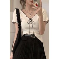 25 Mùa Hè Pháp Trắng Ngắn Cổ Chữ v Top Nữ Slim-fit Dệt Kim Nửa Tay Băng Lụa Áo Thun Nữ ins3.5