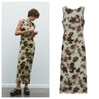 25 Mùa Xuân Phong Cách Mới Eo Xếp Ly Trang Trí Cổ Tròn Không Tay In Hình Quạt Sáo Đầm2321103