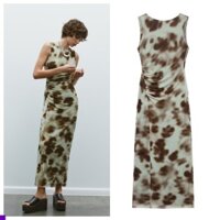 25 Mùa Xuân Phong Cách Mới Eo Xếp Ly Trang Trí Cổ Tròn Không Tay In Hình Quạt Sáo Đầm2321103