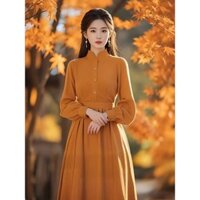 2502 Hàng Mới Về Thu Đông Phong Cách Mới Dây Màu Cam Đầm Dài Tay Phong Cách Trung Hoa Mới Tính Khí Cao Cấp Mỏng Hơn Nhìn Hẹp
