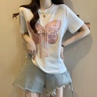 2522 Người Bộ Sưu Tập Bướm Thêu Mới Phong Cách Trung Hoa Áo Thun Nữ Plus Size Béo mm Mỏng Hơn Nhìn Sang Trọng Phong Cách Mỹ Cải Tiến Top
