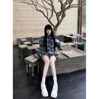 25429 SET ÁO SƠ MI CHÂN VÁY TẦNG KẺ VINTAGE