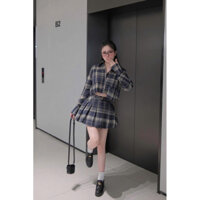 25457 SET ÁO SƠ MI CHÂN VÁY XẾP LY KẺ VINTAGE