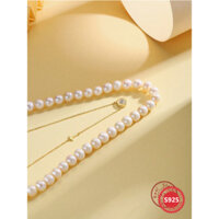 (25S) Bộ đôi vòng cổ ngọc trai & dây chuyền thánh giá bạc mạ vàng 14k, mặt đính đá cao cấp