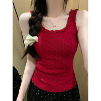 [2.7 Ten Thousand People Collection] Áo hai dây nhỏ ren chấm bi đỏ áo không tay tinh tế độc đáo hot girl mẫu ngắn ôm dáng mùa hè