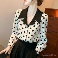 [2784 Yêu thích] Áo blouse chiffon chấm bi mới thời trang cho phụ nữ, phong cách châu Âu, áo sơ mi nhỏ