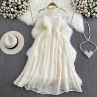 #2899 [Sẵn một số size] Đầm cột dây cổ voan tiểu thư siêu xinh