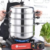 ☇△28Vtủ hấp inox gia đình ba lớp hai 5 hơn nồi nấu 4 có bếp từ bún 34cm đáy