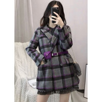 [2HAND] Áo Khoác Blazer Dạ Lót Lụa Trần Trám Lông Thỏ Dáng Dài Cổ Bê Độ Mới Cao Siêu Ấm Hàng Si Tuyển Form Basic Caro